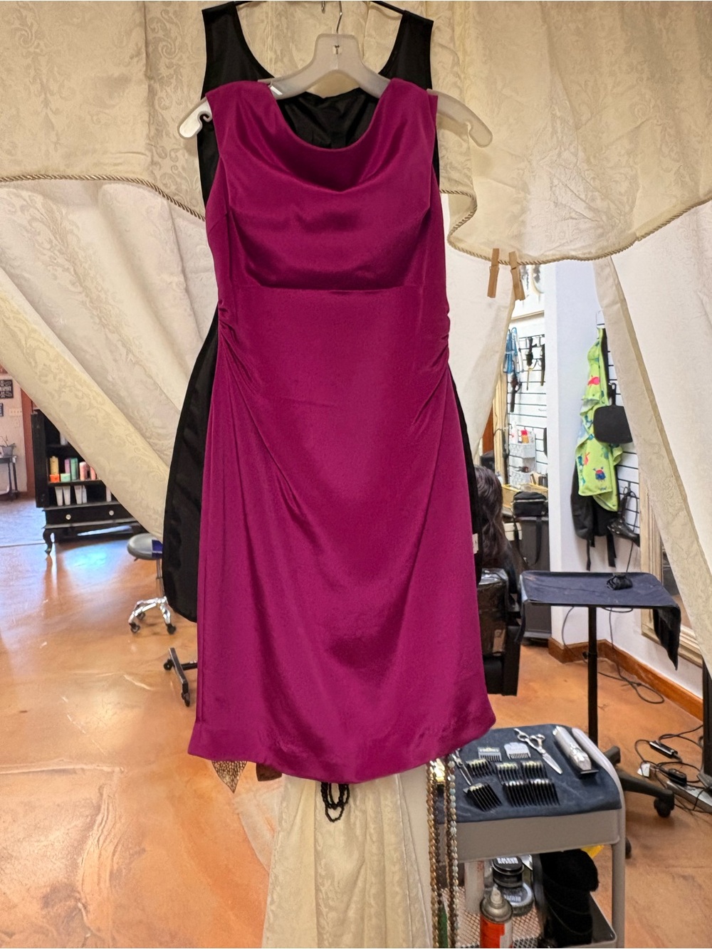 Kay Unger Satin Cowl Neck Mini Dress in Fuchsia